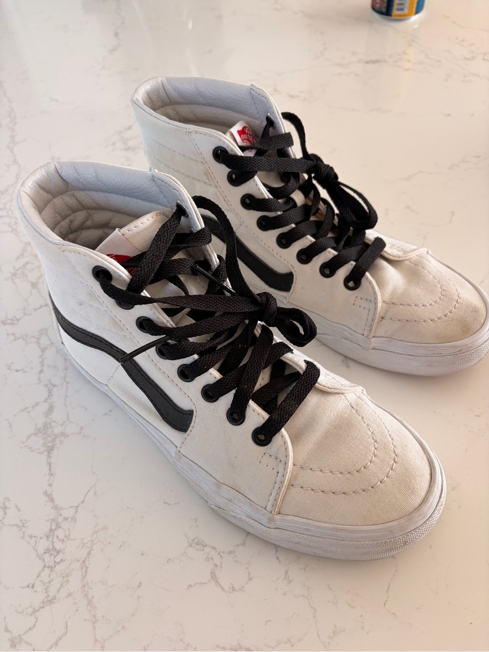Vans Custom SK8-Hi White Canvas Black Leather Hightop Sneakers